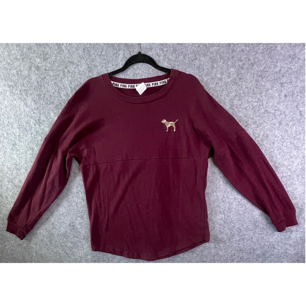 Victoria's Secret PINK Sweatshirt Womens Small Burgundy Gold Foil Logo Pullover‎